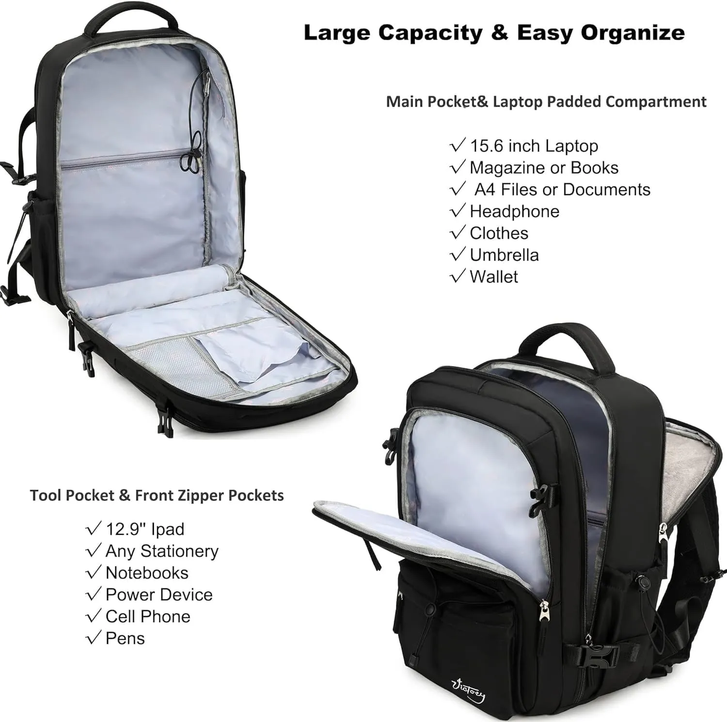 Travel Backpack for Women Men 17 Inch Laptop Backpacks with USB Port Carry on Bag Airline Approved Large College School Bookbags Waterproof Work Business Sport Rucksack Casual Daypack (Black)
