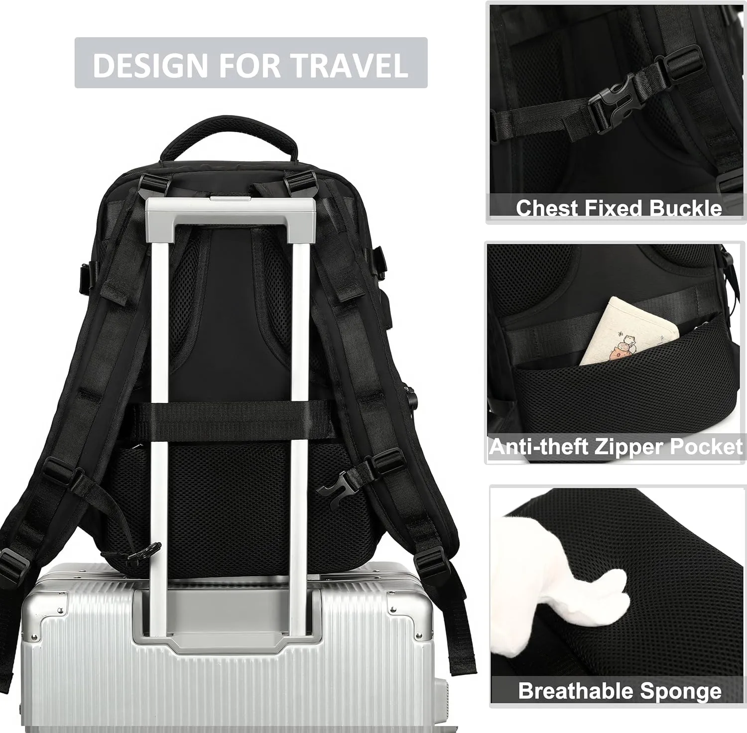 Travel Backpack for Women Men 17 Inch Laptop Backpacks with USB Port Carry on Bag Airline Approved Large College School Bookbags Waterproof Work Business Sport Rucksack Casual Daypack (Black)