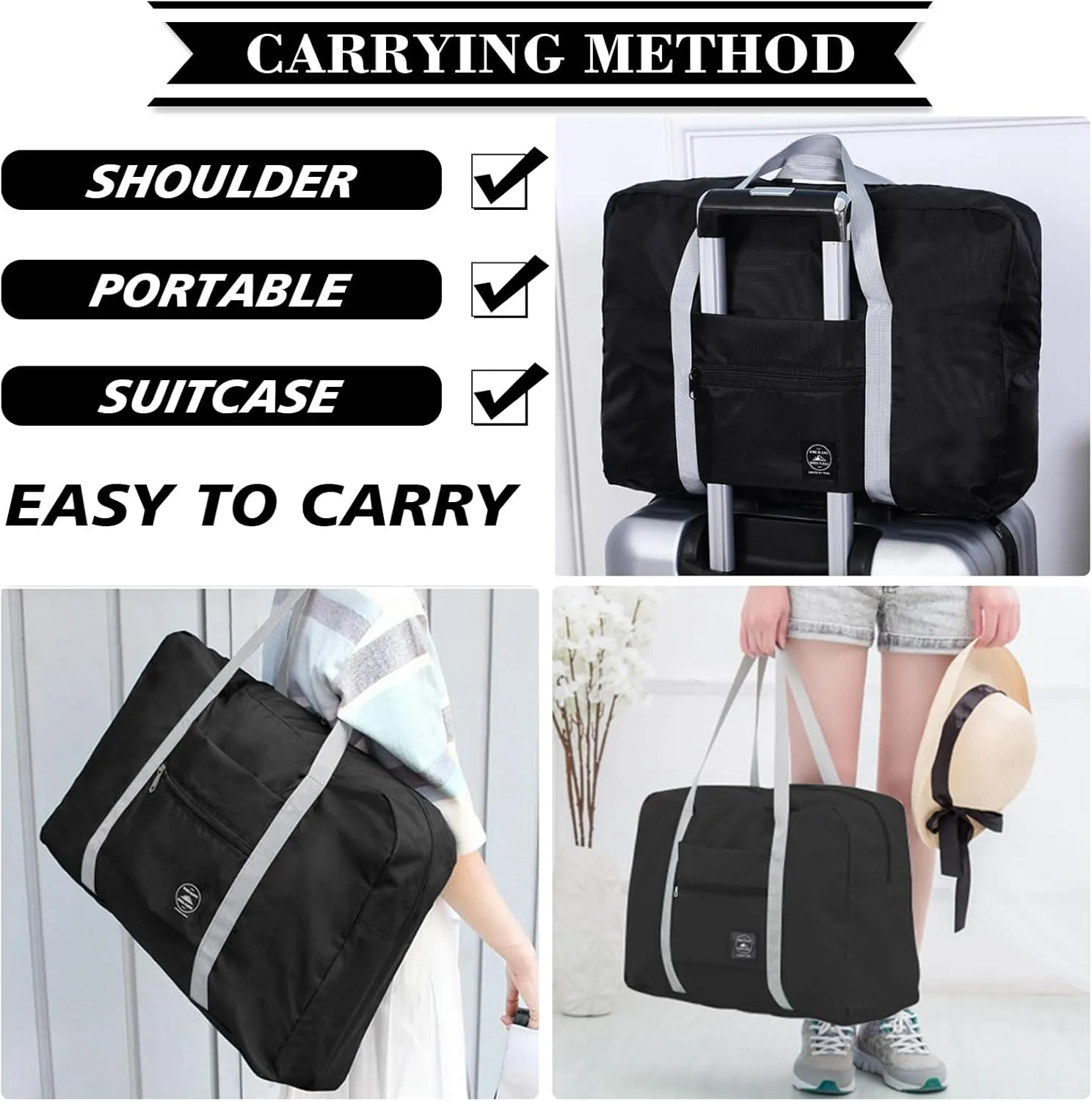 Travel Bag 12 PCS Carry on Luggage Foldable Duffel Bag Sports Gym Bag Weekender Overnight Bag Water Resistant Nylon Travel Duffel for Men Women (Black 12 PCS)