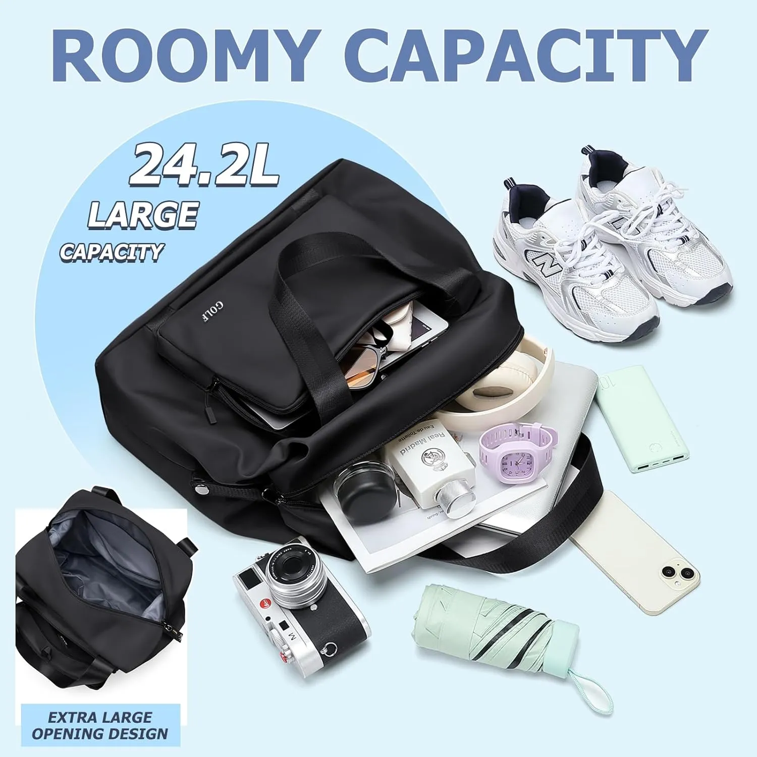 Travel Duffel Bag for Women - Foldable Tote Duffle Bag Weekender Gym Sport Hospital Personal Item Bags for Women Men, Large, 25L, Black