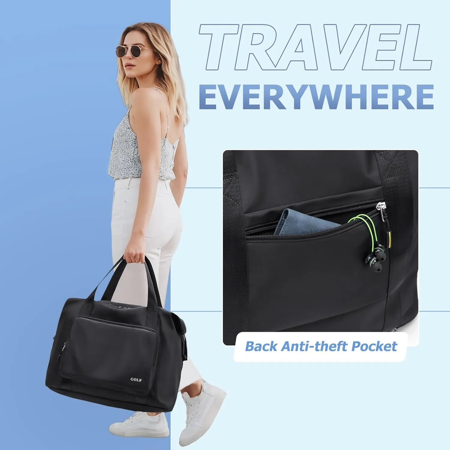 Travel Duffel Bag for Women - Foldable Tote Duffle Bag Weekender Gym Sport Hospital Personal Item Bags for Women Men, Large, 25L, Black