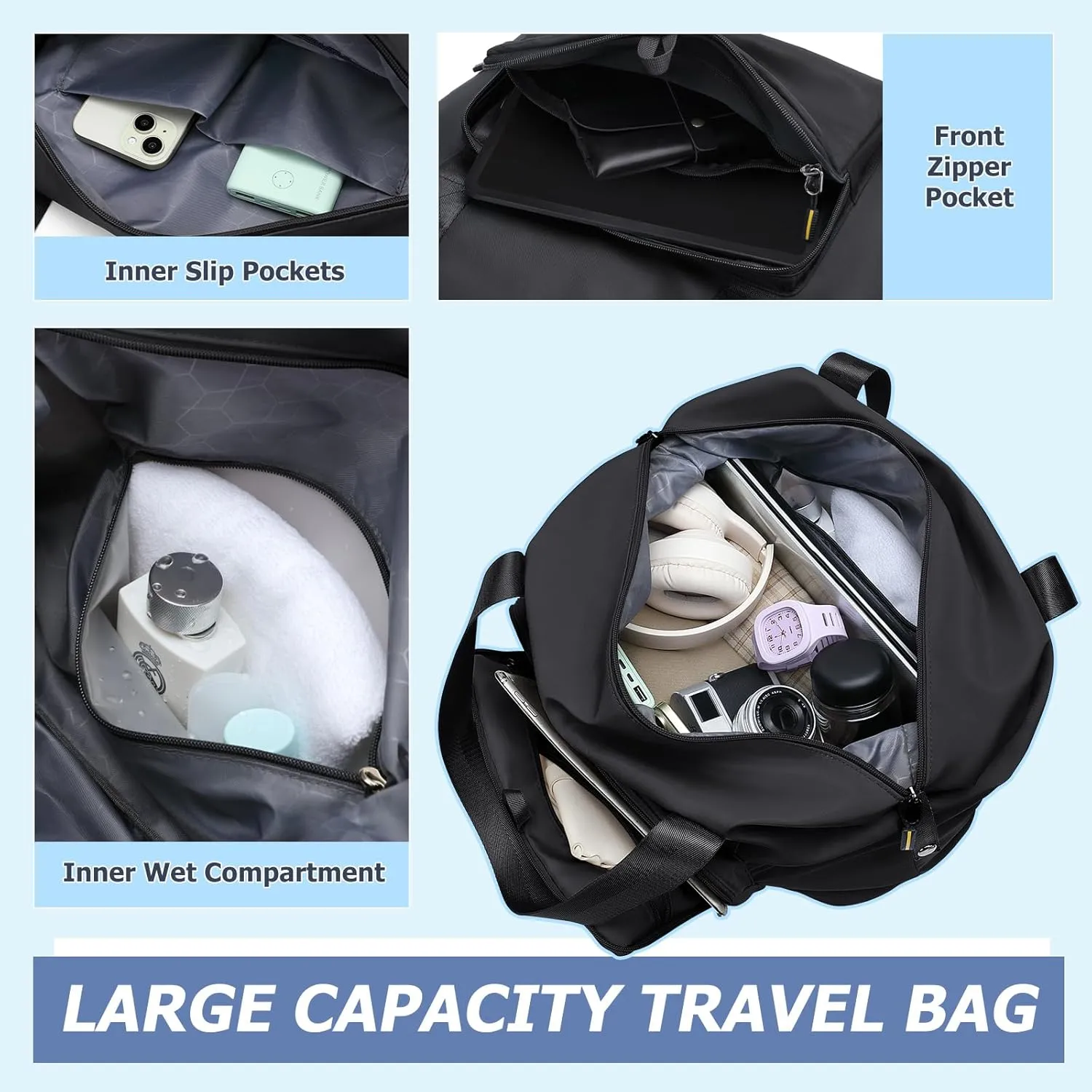 Travel Duffel Bag for Women - Foldable Tote Duffle Bag Weekender Gym Sport Hospital Personal Item Bags for Women Men, Large, 25L, Black