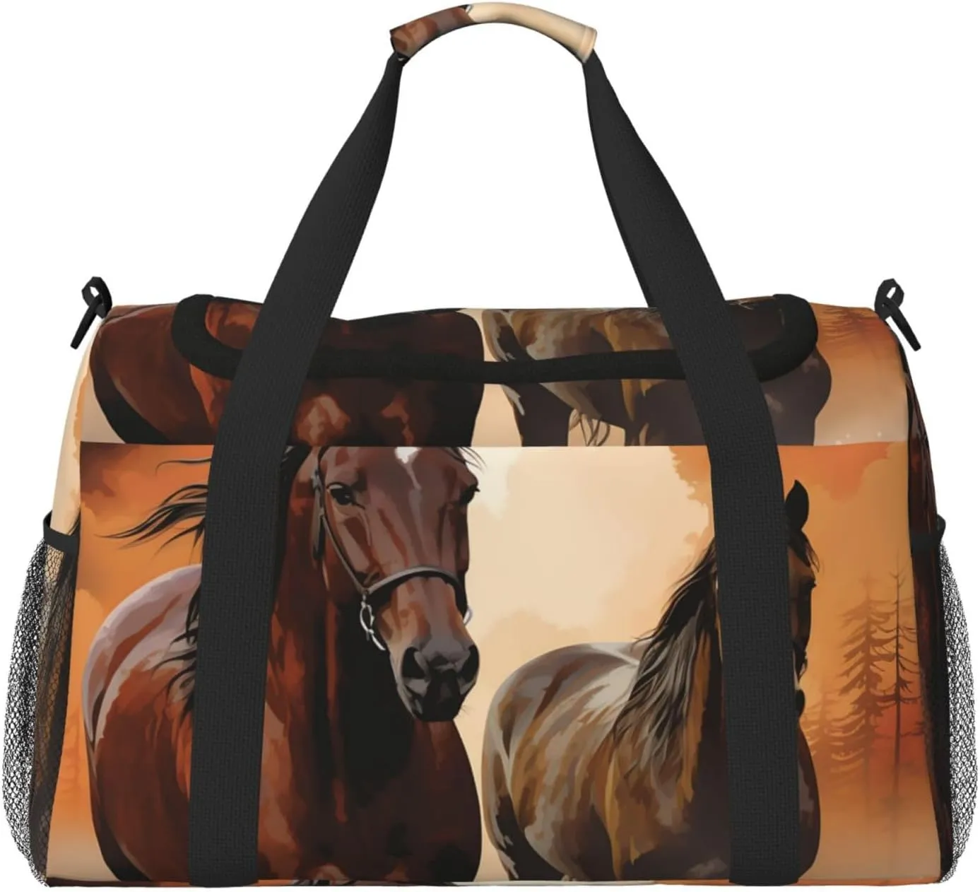 Travel Duffel Bag Lightweight Waterproof Carry On Tote Bag Foldable Weekender Overnight Bags Brown Horse Silhouette Sport Gym Bag For Women Men