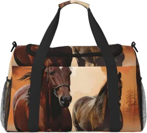 Travel Duffel Bag Lightweight Waterproof Carry On Tote Bag Foldable Weekender Overnight Bags Brown Horse Silhouette Sport Gym Bag For Women Men
