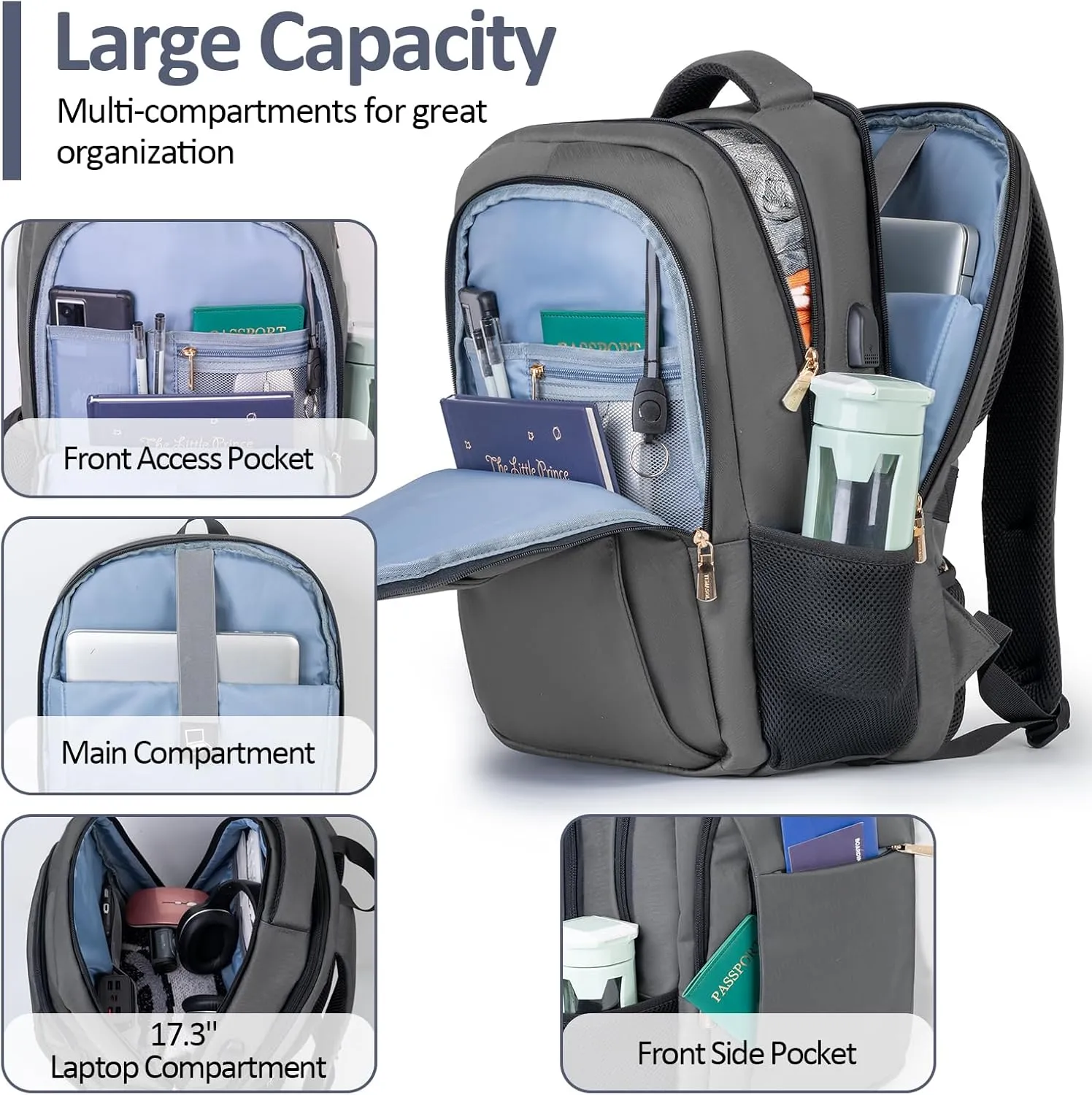 Travel Laptop Backpack, 17 Inch Computer Backpack Anti Theft with USB Charging Port, Water Resistant Weekender Bag Airline Approved, Slim College School Business Bag Gift for Men & Women, Grey