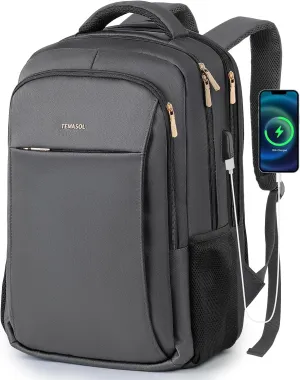 Travel Laptop Backpack, 17 Inch Computer Backpack Anti Theft with USB Charging Port, Water Resistant Weekender Bag Airline Approved, Slim College School Business Bag Gift for Men & Women, Grey