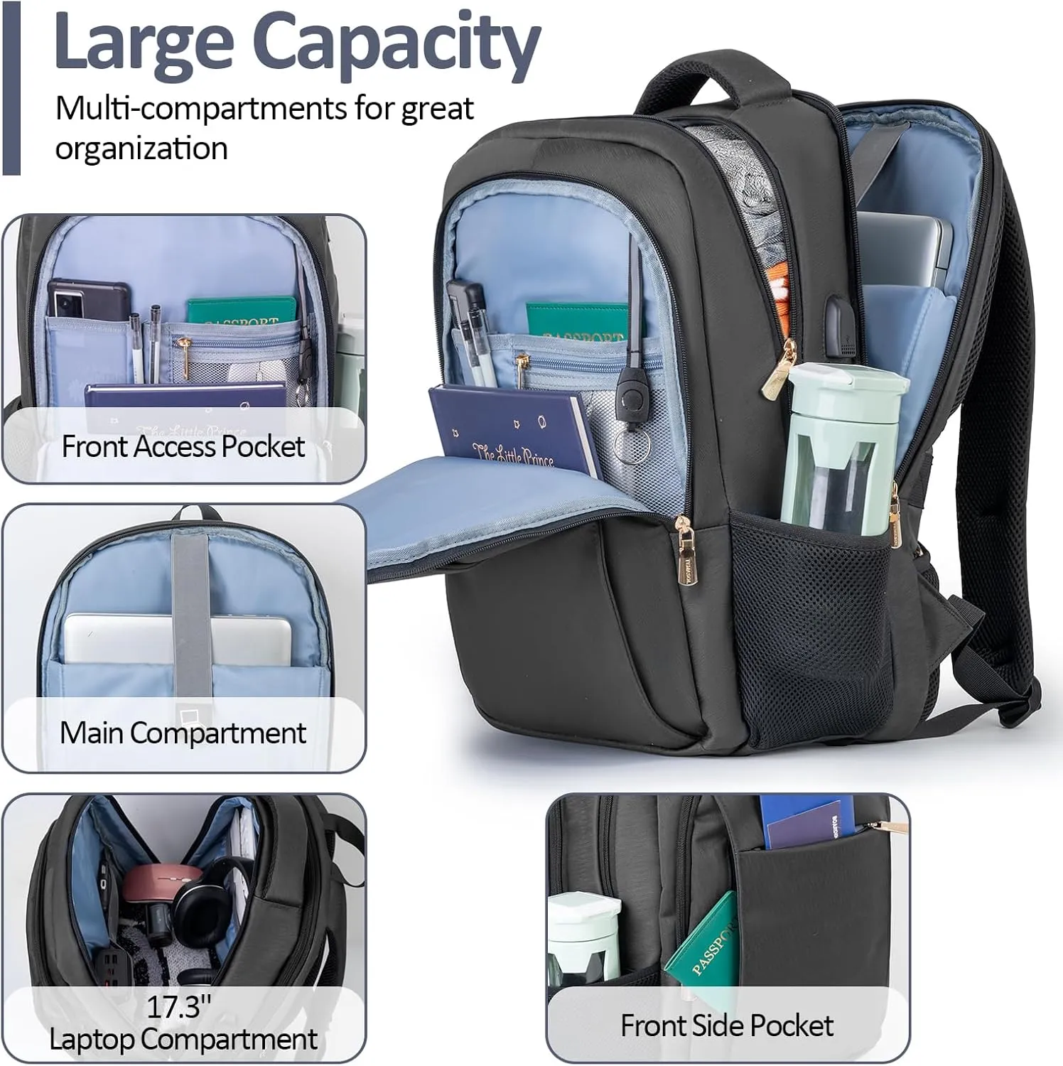 Travel Laptop Backpack, 17 Inch Computer Backpack Anti Theft with USB Charging Port, Water Resistant Weekender Bag Flight Approved, Slim College School Business Bag Gift for Men & Women, Black