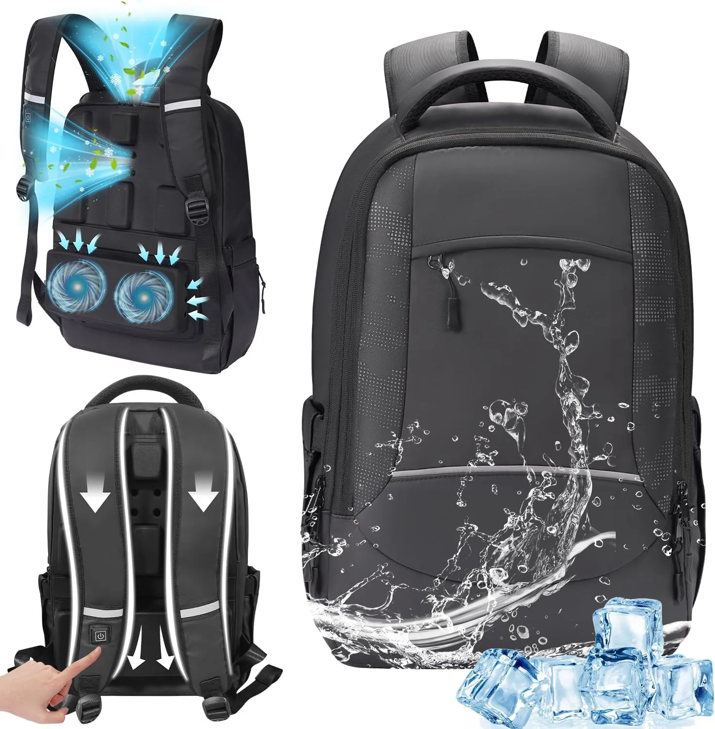 Travel Laptop Backpack for Men - Sweat Proof Cooling Backpacks Fan Cold Airflow Ventilation Design Heat Prevention Breathable Cool Backpack Waterproof Casual Outdoor Chilly Hiking Backpack