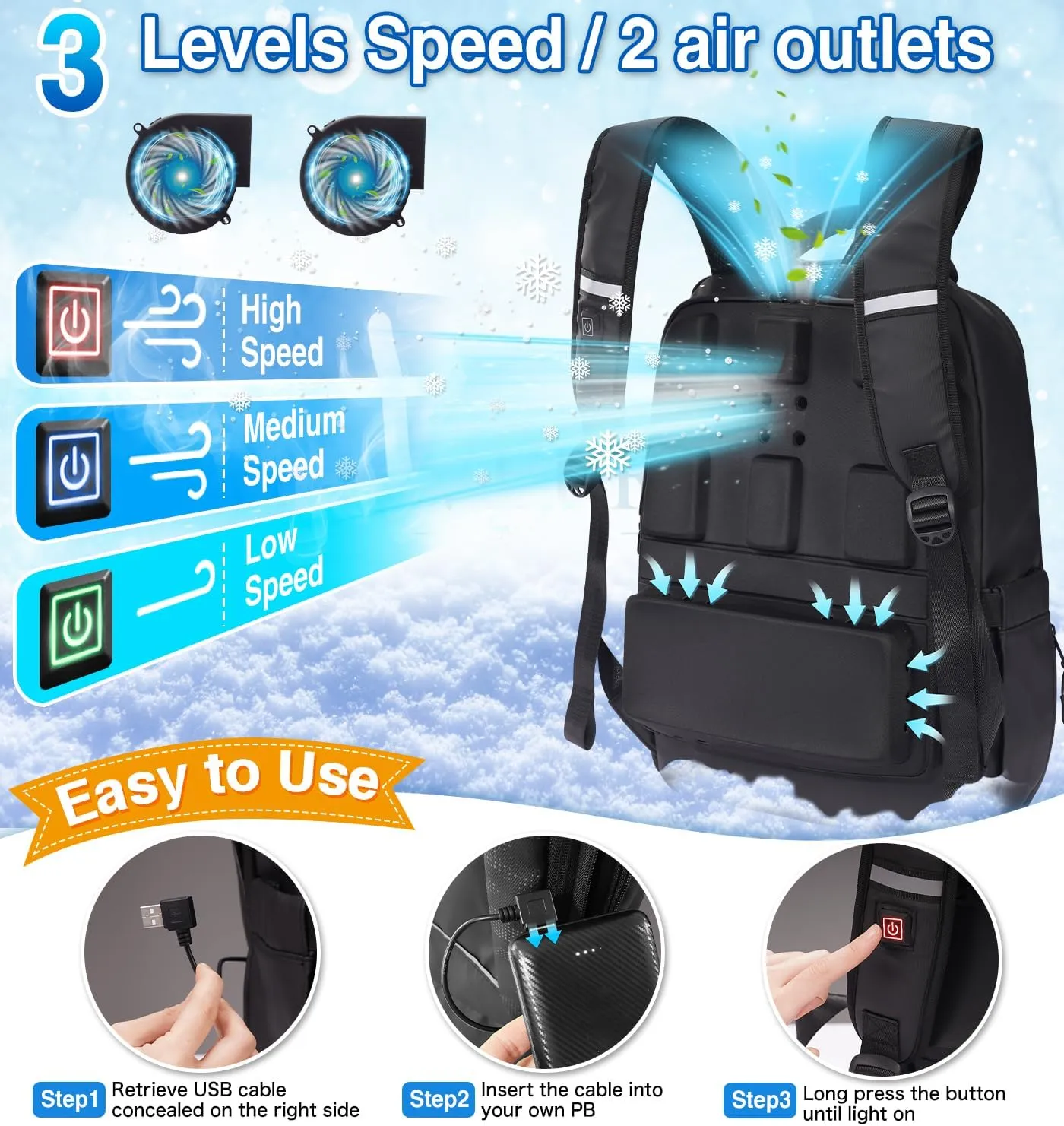 Travel Laptop Backpack for Men - Sweat Proof Cooling Backpacks Fan Cold Airflow Ventilation Design Heat Prevention Breathable Cool Backpack Waterproof Casual Outdoor Chilly Hiking Backpack