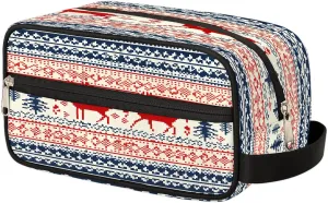 Travel Makeup Bag for Women, Portable Cosmetic Organizer Pouch, Wide Open Toiletries Travel Bag with Handle, Christmas Xmas Deer Elk Retro