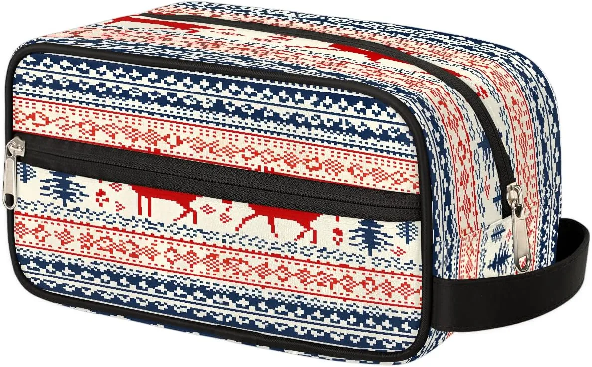 Travel Makeup Bag for Women, Portable Cosmetic Organizer Pouch, Wide Open Toiletries Travel Bag with Handle, Christmas Xmas Deer Elk Retro