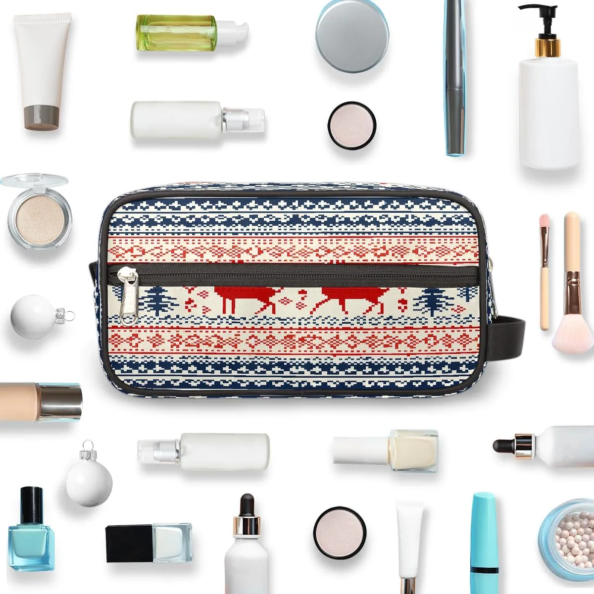 Travel Makeup Bag for Women, Portable Cosmetic Organizer Pouch, Wide Open Toiletries Travel Bag with Handle, Christmas Xmas Deer Elk Retro