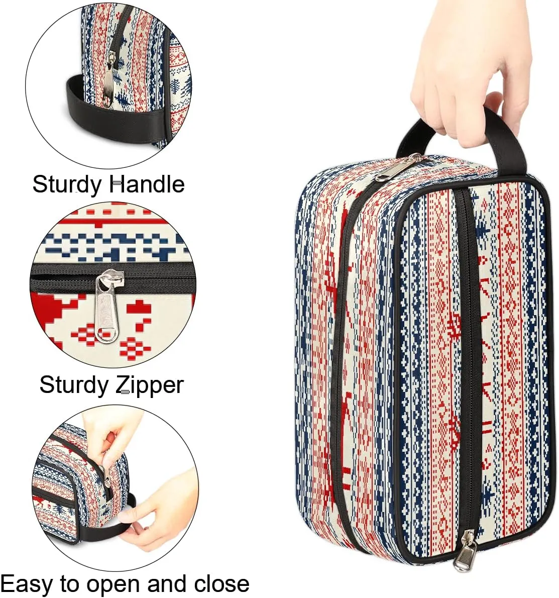 Travel Makeup Bag for Women, Portable Cosmetic Organizer Pouch, Wide Open Toiletries Travel Bag with Handle, Christmas Xmas Deer Elk Retro