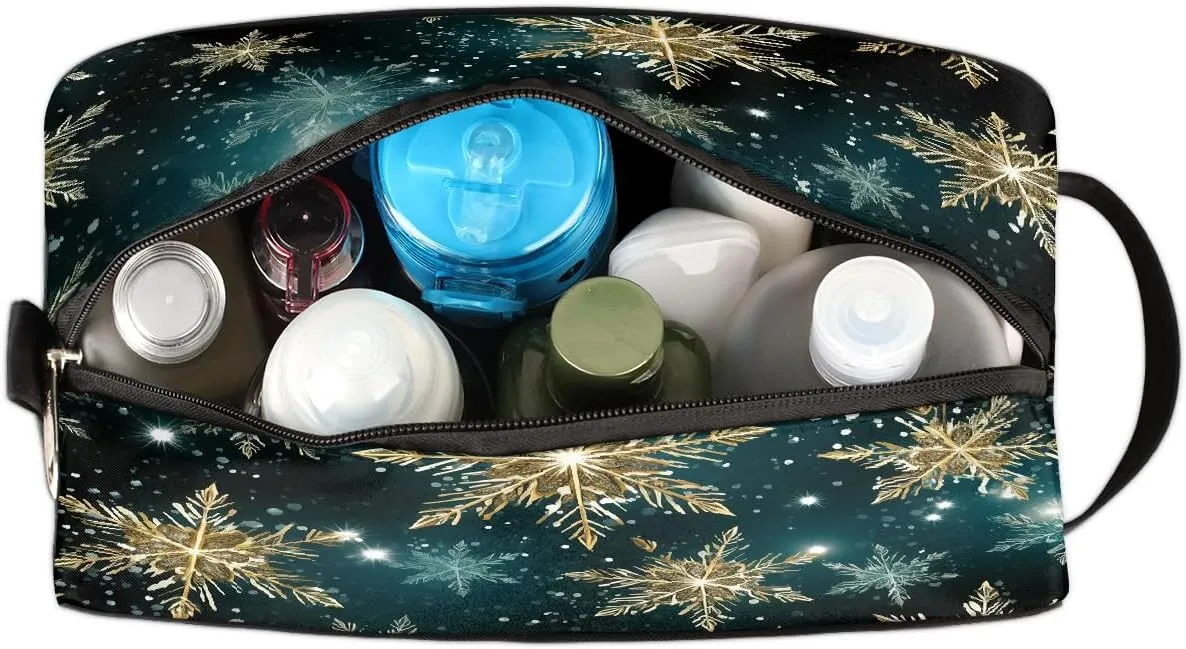 Travel Makeup Bag for Women, Portable Cosmetic Organizer Pouch, Wide Open Toiletries Travel Bag with Handle, Galaxy Snowflake