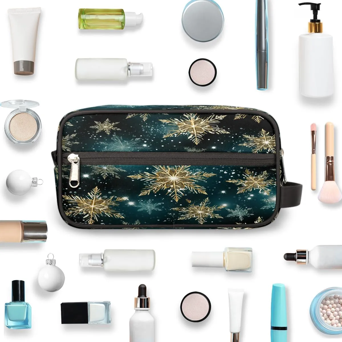 Travel Makeup Bag for Women, Portable Cosmetic Organizer Pouch, Wide Open Toiletries Travel Bag with Handle, Galaxy Snowflake