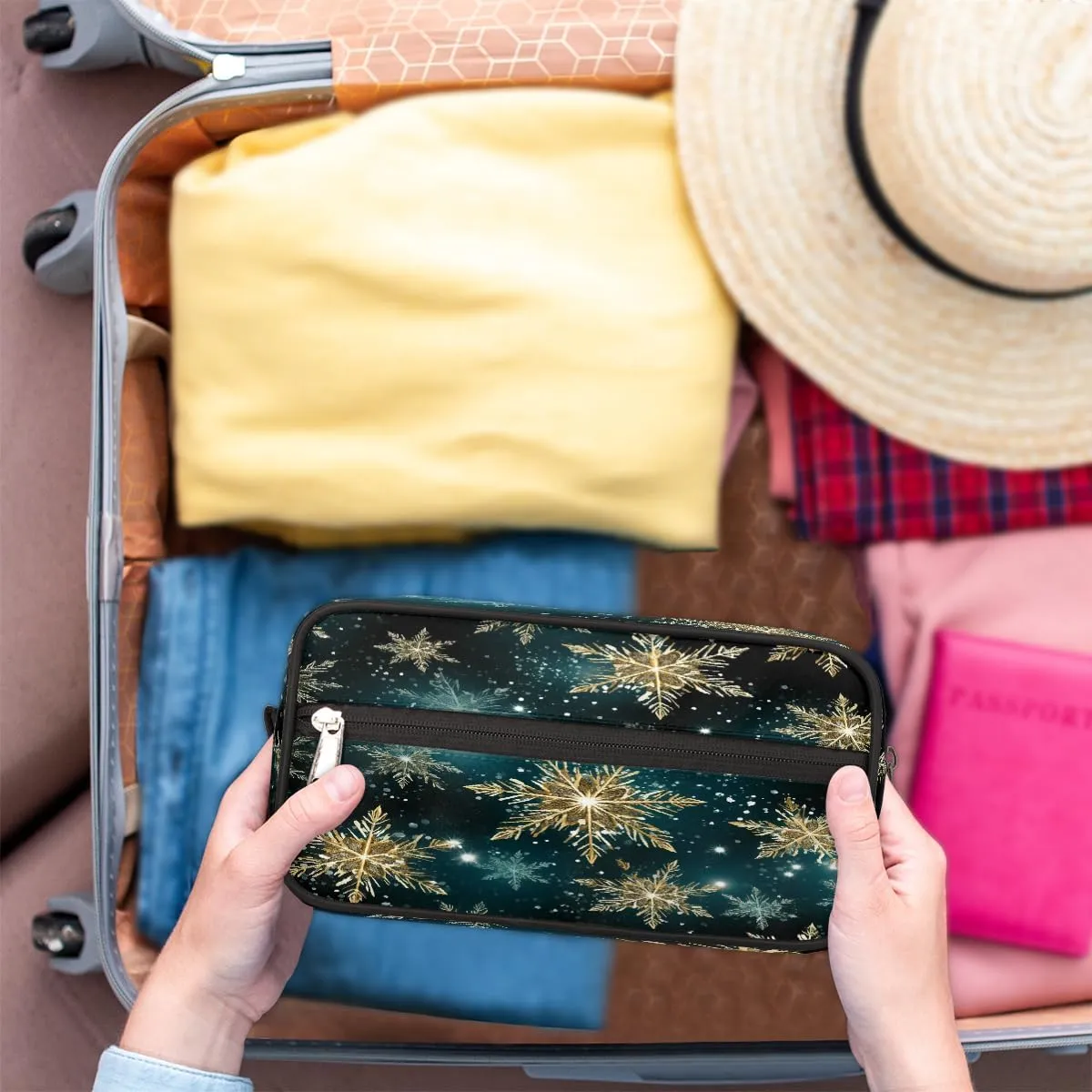 Travel Makeup Bag for Women, Portable Cosmetic Organizer Pouch, Wide Open Toiletries Travel Bag with Handle, Galaxy Snowflake