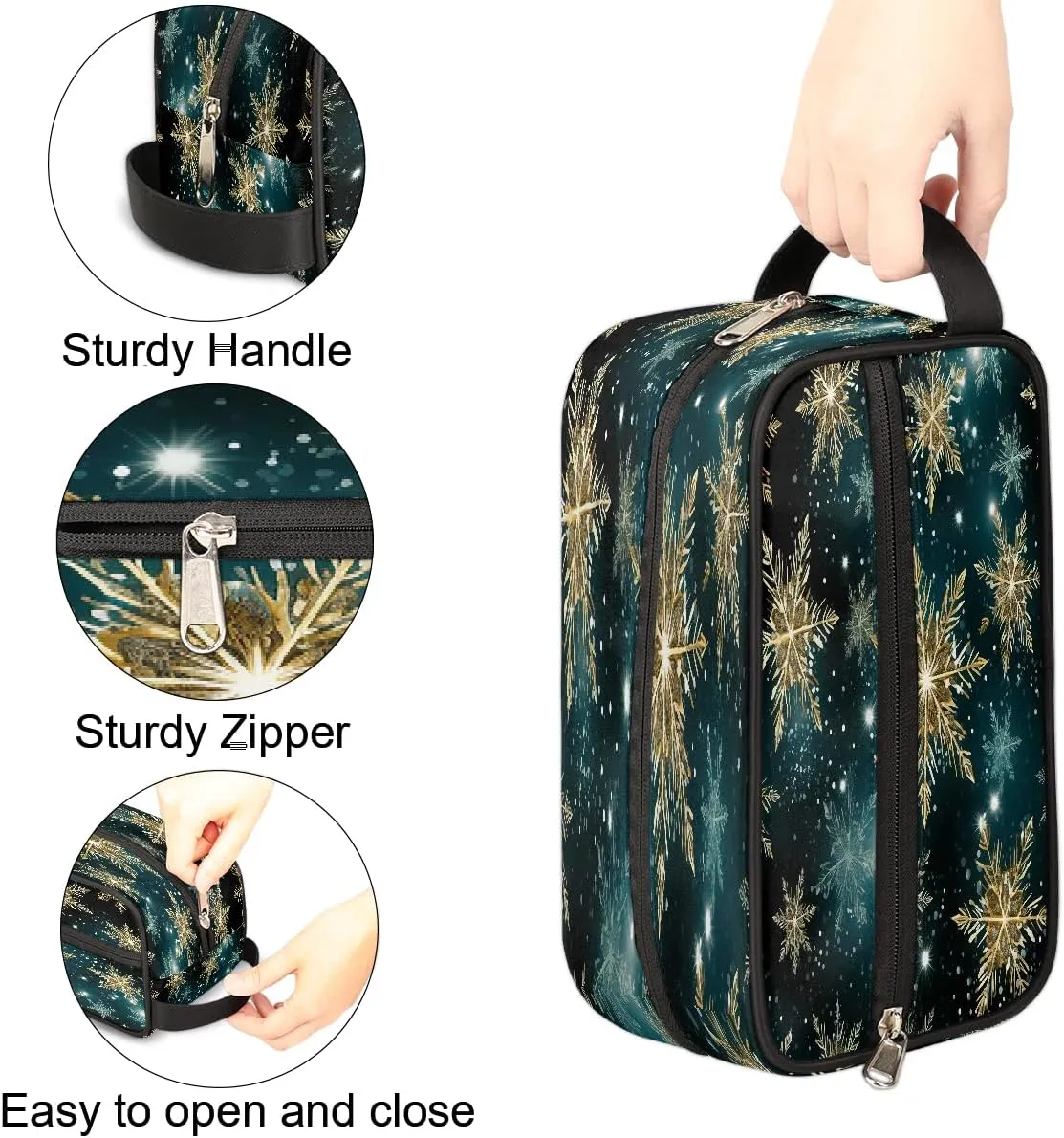 Travel Makeup Bag for Women, Portable Cosmetic Organizer Pouch, Wide Open Toiletries Travel Bag with Handle, Galaxy Snowflake