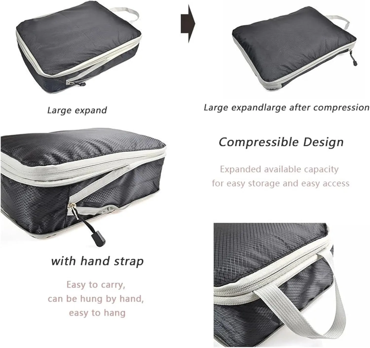 Travel Organizer Compressible Packing Box Nylon Portable Tote Bag Luggage Foldable Waterproof Suitcase Best travel must haves(Gray,3PCS Set)