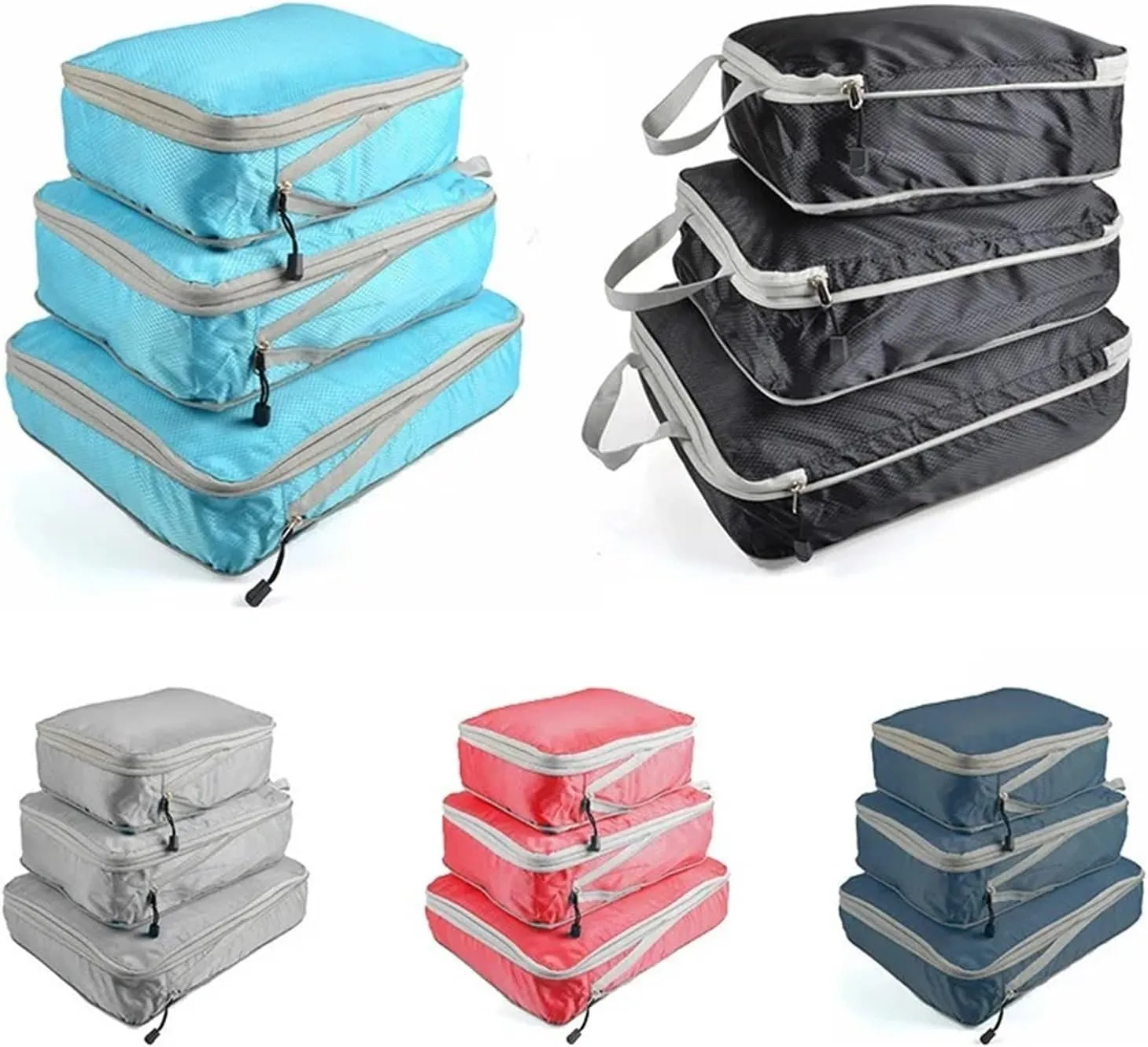 Travel Organizer Compressible Packing Box Nylon Portable Tote Bag Luggage Foldable Waterproof Suitcase Best travel must haves(Gray,3PCS Set)
