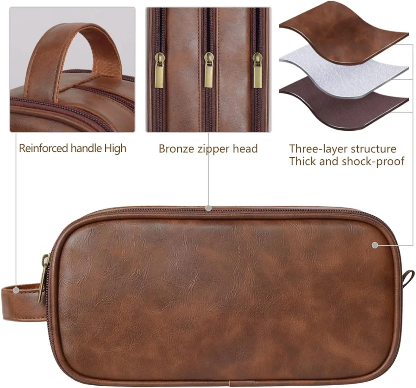 Travel Toiletry Bag for Men Personalized Leather Dopp Kit Bathroom Toiletries Organizer Cosmetic Bags with Side Handle