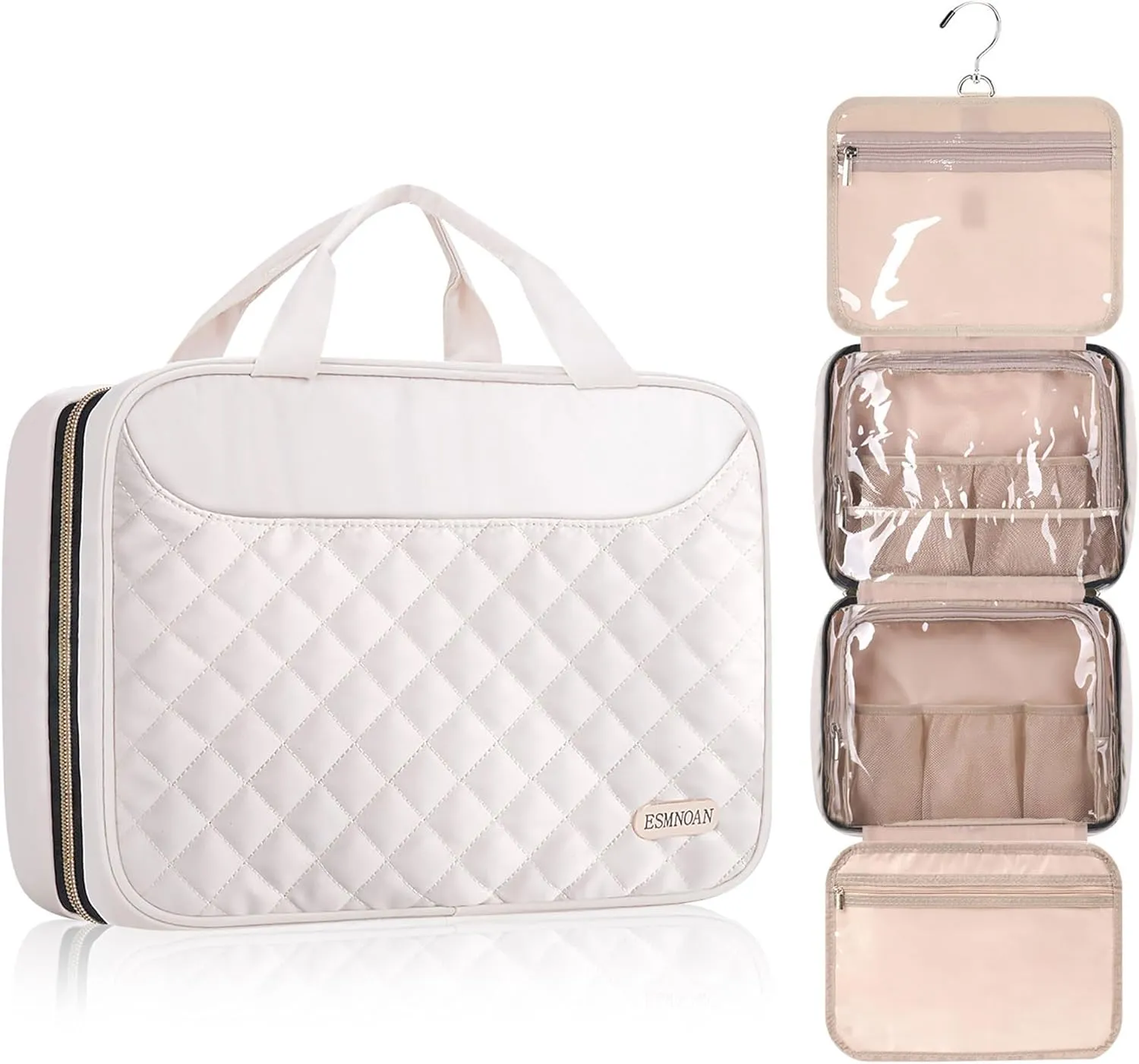 Travel Toiletry Bag for Women, Makeup Travel Bag with Hanging Hook and Waterproof, Cosmetic Bags Organizer for Shampoo, Makeup Accessories, for Business Trips, Travel, Overnight Stays, Beige