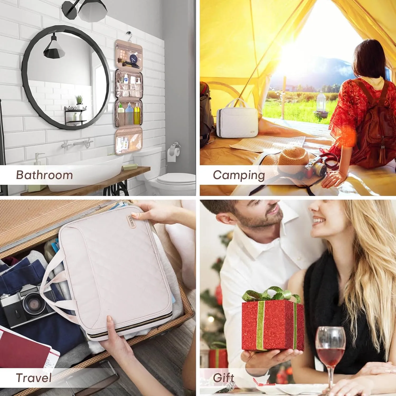 Travel Toiletry Bag for Women, Makeup Travel Bag with Hanging Hook and Waterproof, Cosmetic Bags Organizer for Shampoo, Makeup Accessories, for Business Trips, Travel, Overnight Stays, Beige