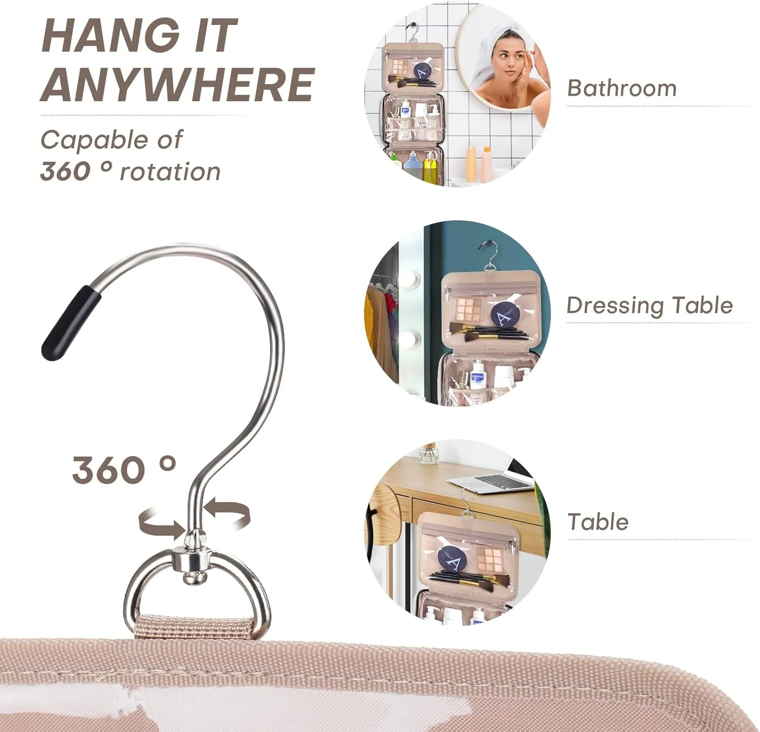 Travel Toiletry Bag for Women, Makeup Travel Bag with Hanging Hook and Waterproof, Cosmetic Bags Organizer for Shampoo, Makeup Accessories, for Business Trips, Travel, Overnight Stays, Beige