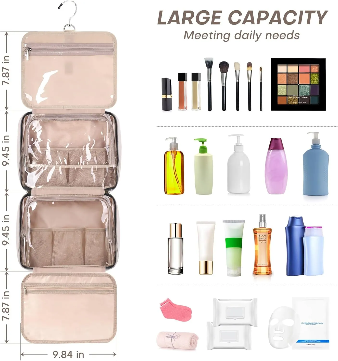 Travel Toiletry Bag for Women, Makeup Travel Bag with Hanging Hook and Waterproof, Cosmetic Bags Organizer for Shampoo, Makeup Accessories, for Business Trips, Travel, Overnight Stays, Beige