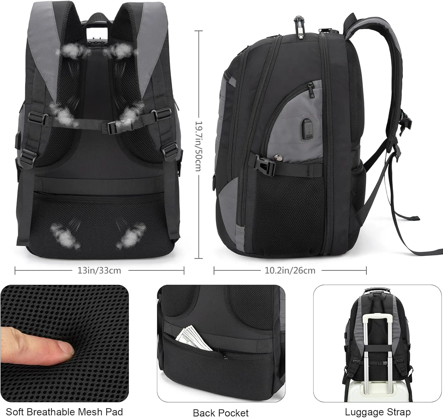Tzowla Travel Laptop Backpack for Men&Women,17.3" Computer Water Resistant Anti Theft TSA Friendly Backpacks with Lock and USB Charging Port,College Business Work Hiking Bookbag Daypack,Dark Grey