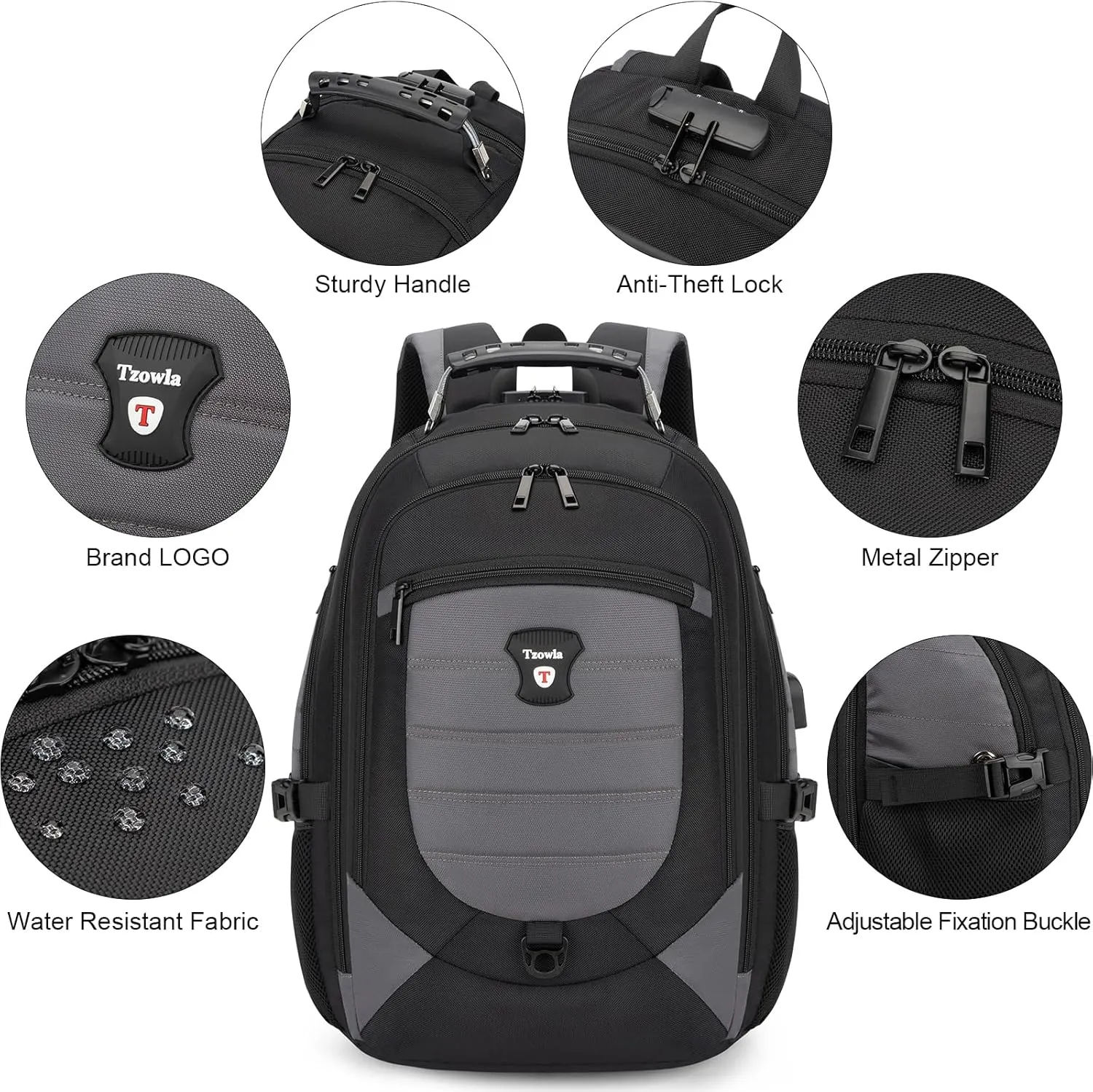 Tzowla Travel Laptop Backpack for Men&Women,17.3" Computer Water Resistant Anti Theft TSA Friendly Backpacks with Lock and USB Charging Port,College Business Work Hiking Bookbag Daypack,Dark Grey