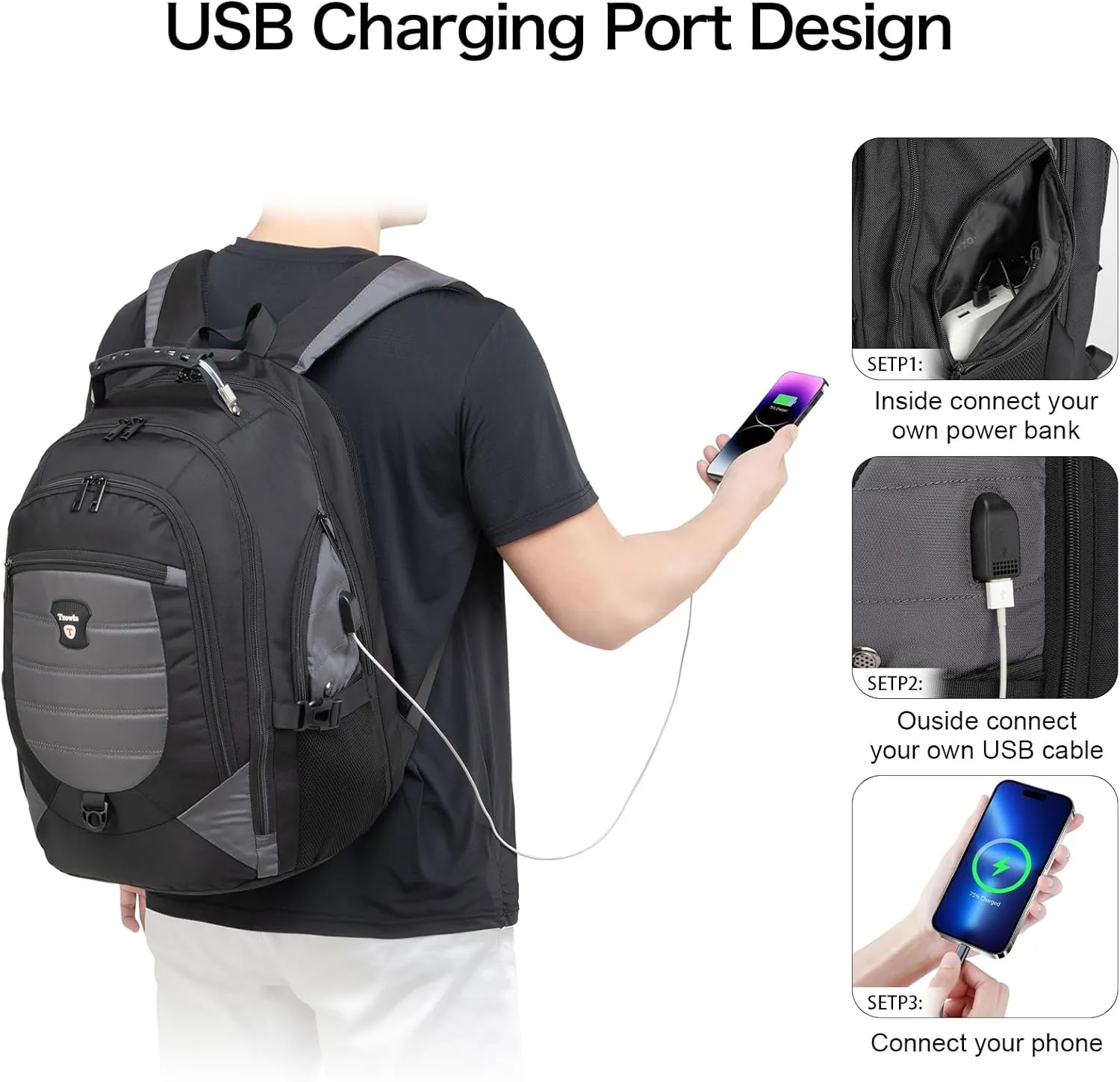 Tzowla Travel Laptop Backpack for Men&Women,17.3" Computer Water Resistant Anti Theft TSA Friendly Backpacks with Lock and USB Charging Port,College Business Work Hiking Bookbag Daypack,Dark Grey