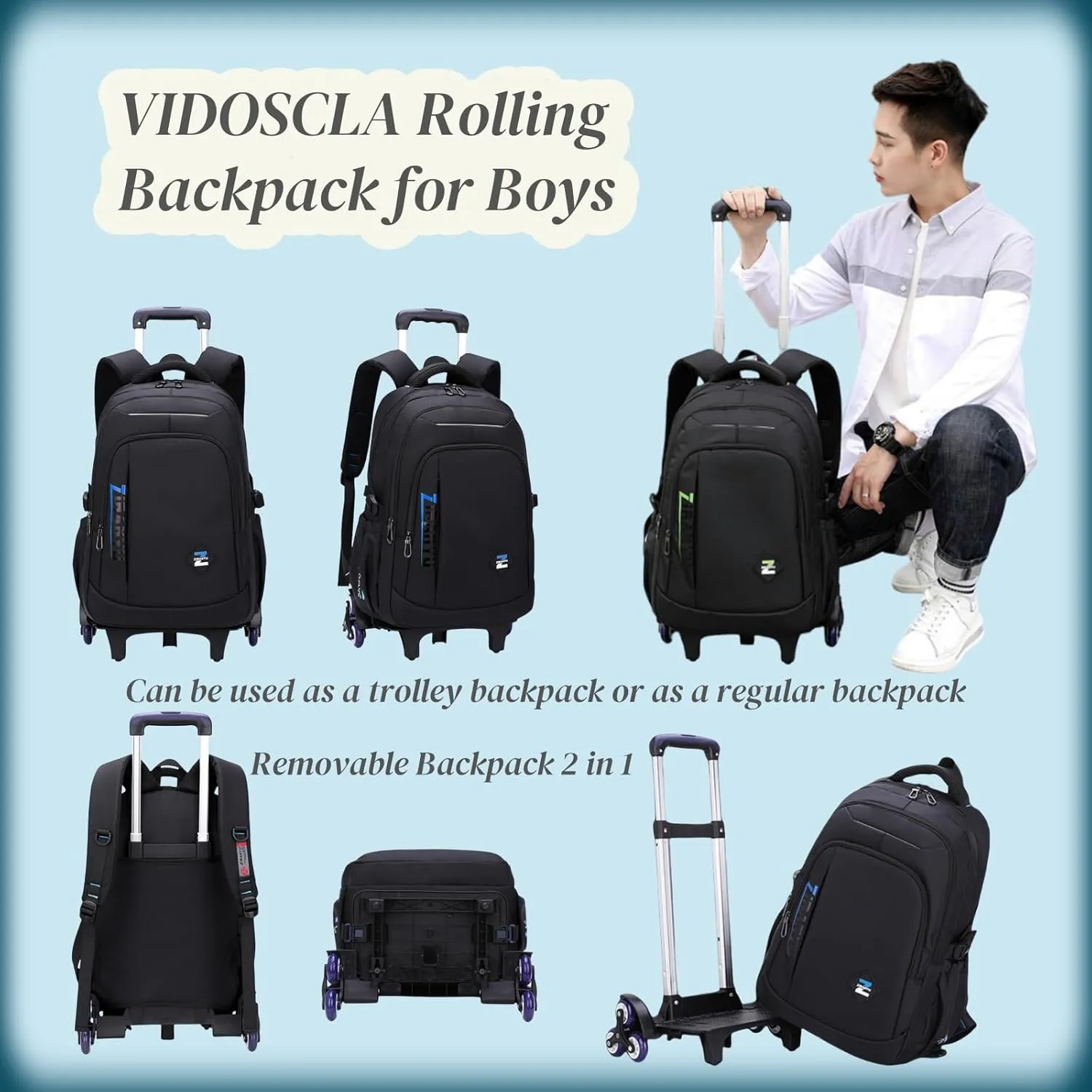 VIDOSCLA Black Kids Boys Rolling Backpack Teens Carry-on Luggage with Wheels Trolly BookBag for School-2 Wheels