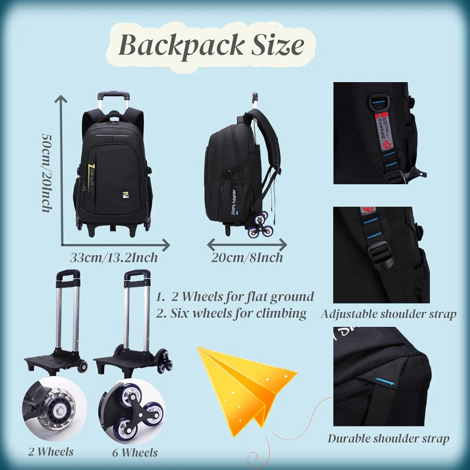 VIDOSCLA Black Kids Boys Rolling Backpack Teens Carry-on Luggage with Wheels Trolly BookBag for School-2 Wheels