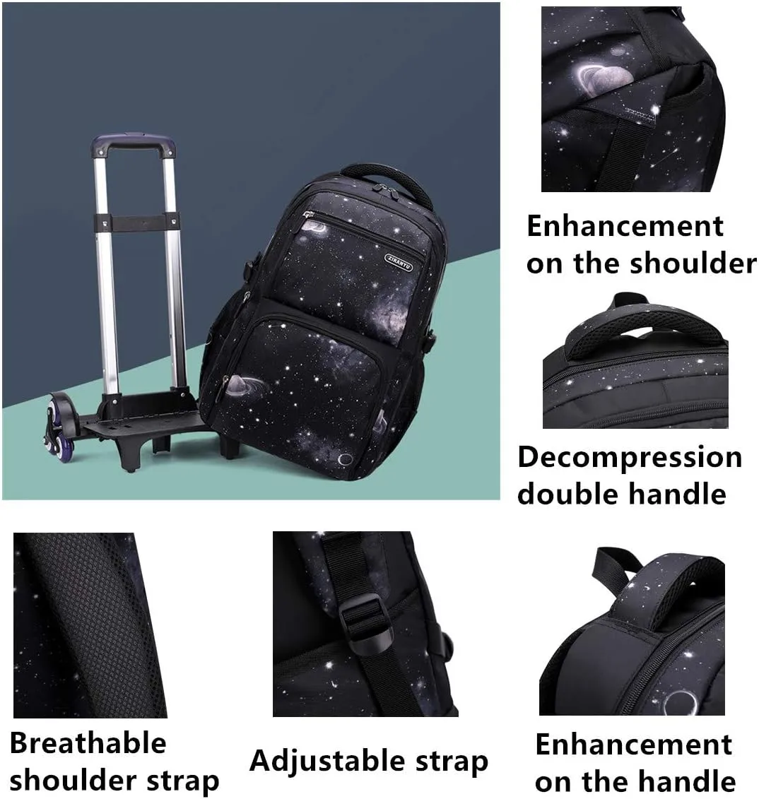 VIDOSCLA Elementary Galaxy Teens Rolling Backpack Kids Boys Luggage with Wheels Trolly BookBag for School-6 Wheels