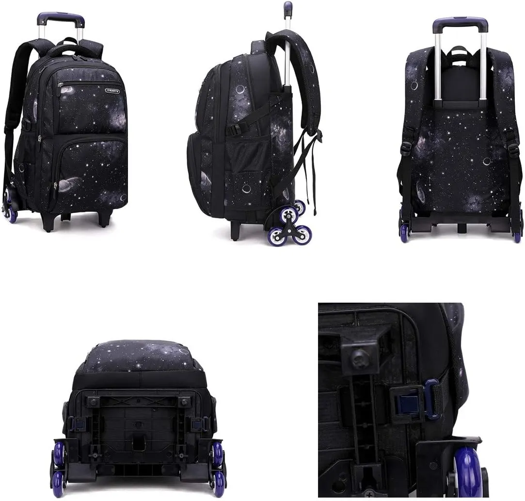 VIDOSCLA Elementary Galaxy Teens Rolling Backpack Kids Boys Luggage with Wheels Trolly BookBag for School-6 Wheels