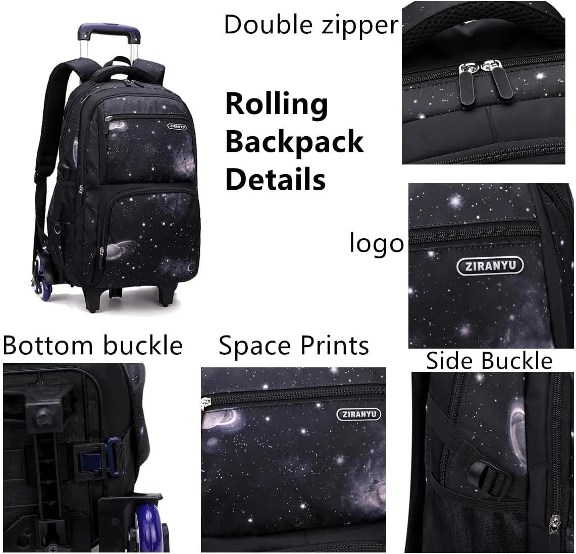 VIDOSCLA Elementary Galaxy Teens Rolling Backpack Kids Boys Luggage with Wheels Trolly BookBag for School-6 Wheels