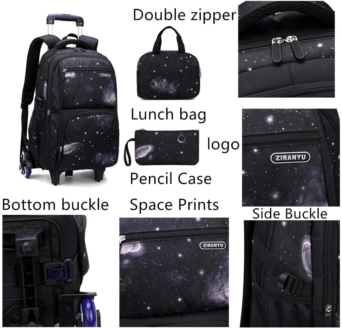 VIDOSCLA Elementary Galaxy Teens Rolling Backpack Kids Boys Luggage with Wheels Trolly BookBag for School-6 Wheels