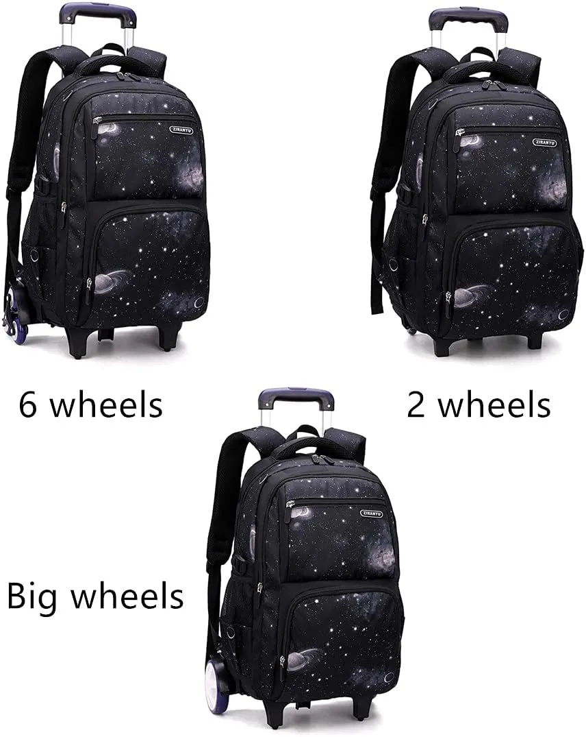 VIDOSCLA Elementary Galaxy Teens Rolling Backpack Kids Boys Luggage with Wheels Trolly BookBag for School-6 Wheels