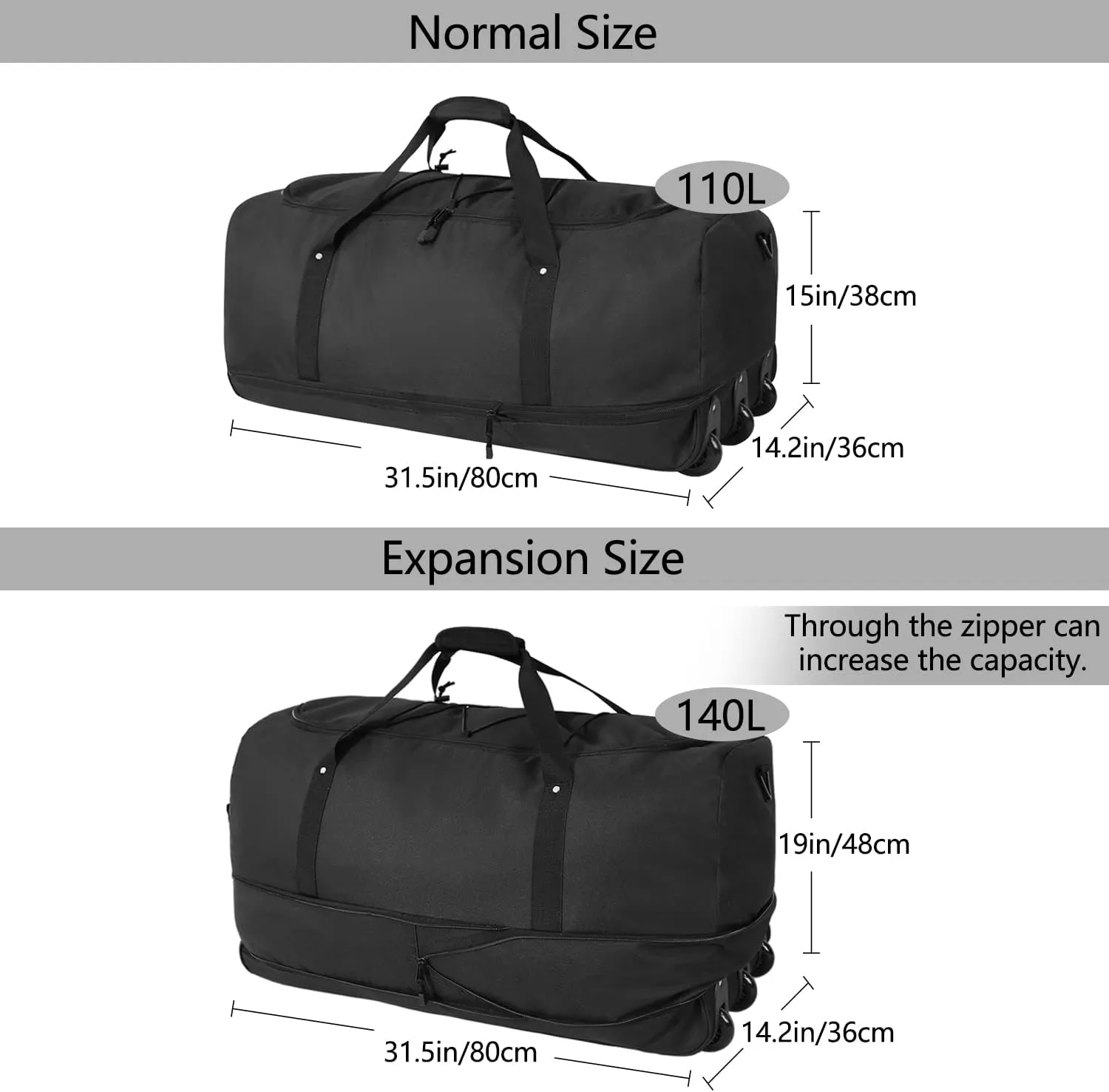 Vomgomfom 75L/100L/110L/140L 25"/31.5" Expandable Duffle Bag with 2 Wheels,Foldable Travel Duffel Bag with Large Convertible Compartment Pocket