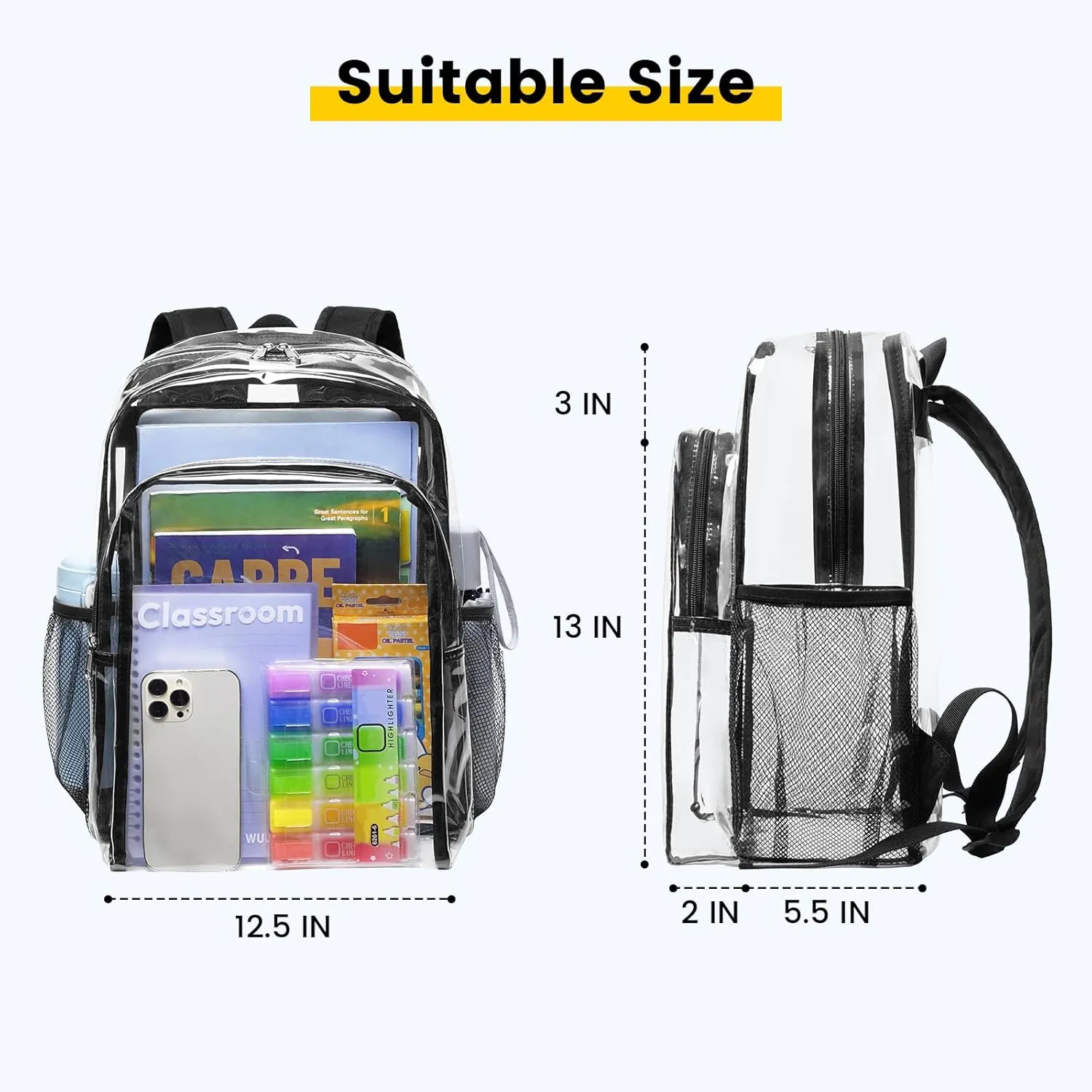 Vorspack Clear Backpack Heavy Duty - Clear Backpacks for School Transparent Bookbag for Girls Boys Large See Through Bag for Work, College, Concert - Black