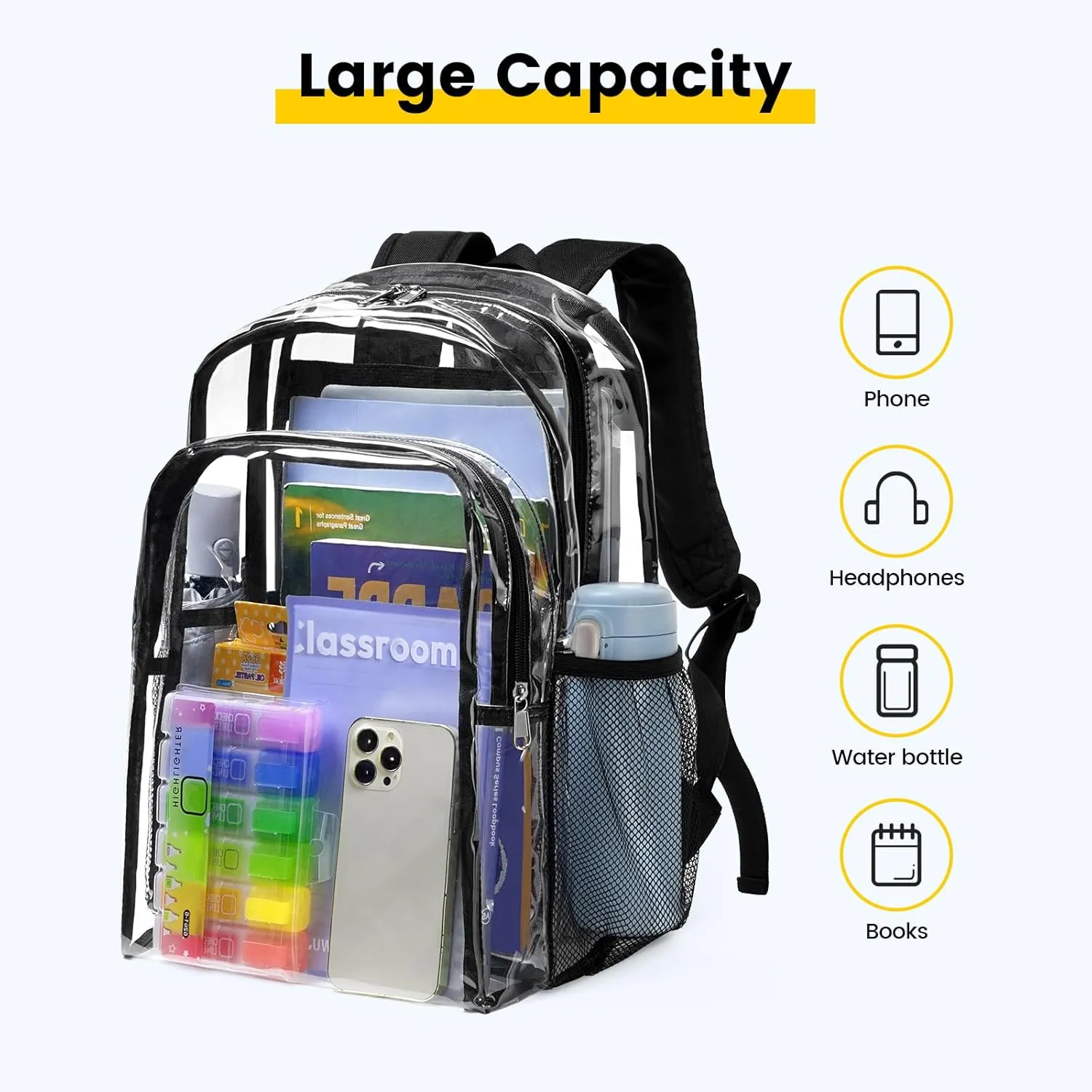Vorspack Clear Backpack Heavy Duty - Clear Backpacks for School Transparent Bookbag for Girls Boys Large See Through Bag for Work, College, Concert - Black