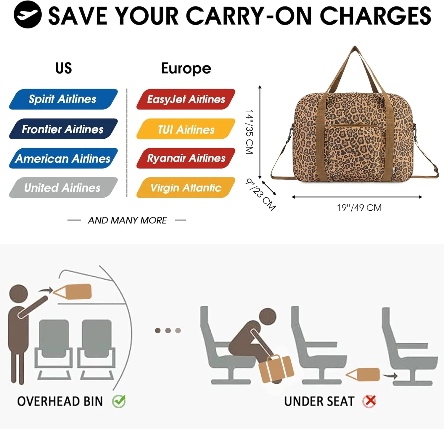 WANDF For Spirit Airlines Personal Item Bag 18x14x8 Foldable Travel Duffel Carry on Weekender Overnight for Women Men