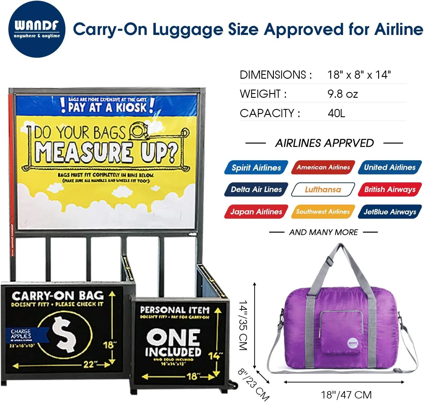 WANDF For Spirit Airlines Personal Item Bag 18x14x8 Foldable Travel Duffel Carry on Weekender Overnight for Women Men