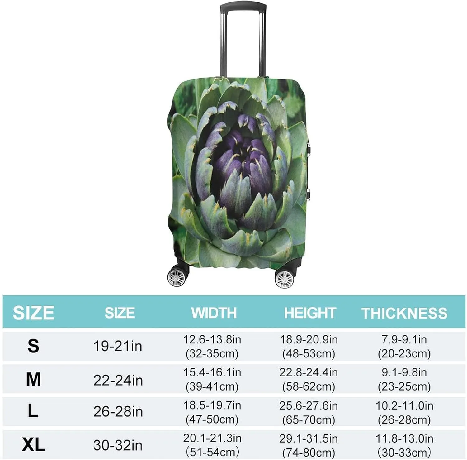 Washable Luggage Cover, Artichoke Elastic Travel Luggage Cover, Blooming Vegetable Agriculture Nature Artwork Print, Fits 26-28 Inch Luggage, Great For Vacation Travel, Fern Green and Purple
