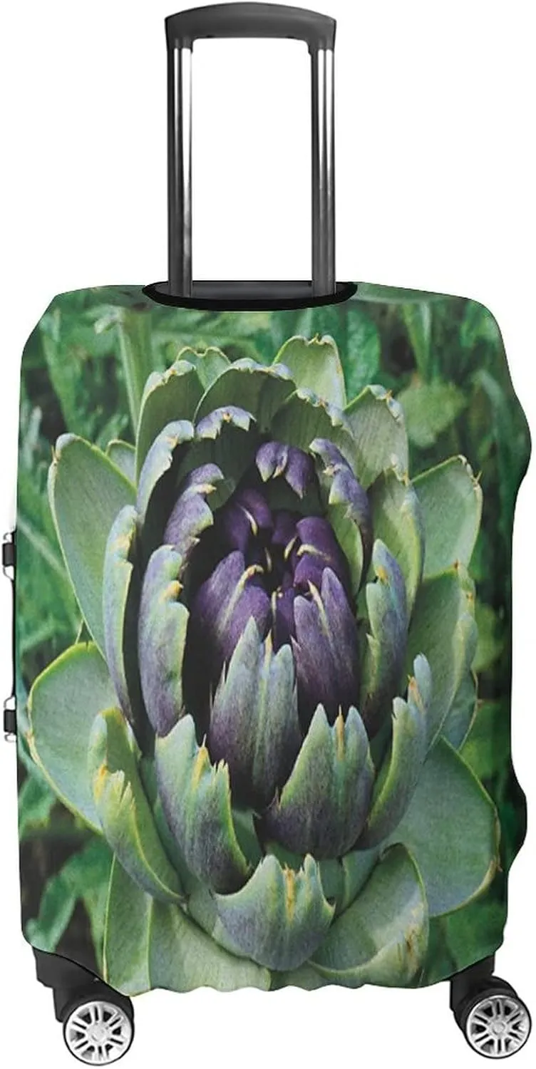 Washable Luggage Cover, Artichoke Elastic Travel Luggage Cover, Blooming Vegetable Agriculture Nature Artwork Print, Fits 26-28 Inch Luggage, Great For Vacation Travel, Fern Green and Purple