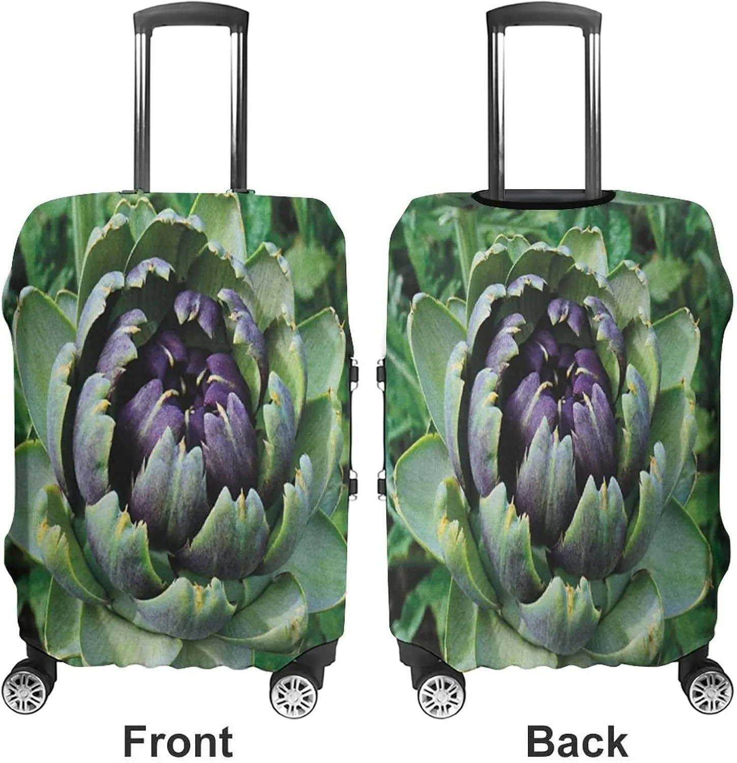Washable Luggage Cover, Artichoke Elastic Travel Luggage Cover, Blooming Vegetable Agriculture Nature Artwork Print, Fits 26-28 Inch Luggage, Great For Vacation Travel, Fern Green and Purple