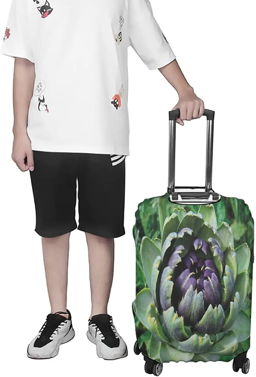 Washable Luggage Cover, Artichoke Elastic Travel Luggage Cover, Blooming Vegetable Agriculture Nature Artwork Print, Fits 26-28 Inch Luggage, Great For Vacation Travel, Fern Green and Purple