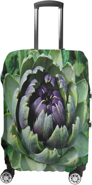 Washable Luggage Cover, Artichoke Elastic Travel Luggage Cover, Blooming Vegetable Agriculture Nature Artwork Print, Fits 26-28 Inch Luggage, Great For Vacation Travel, Fern Green and Purple
