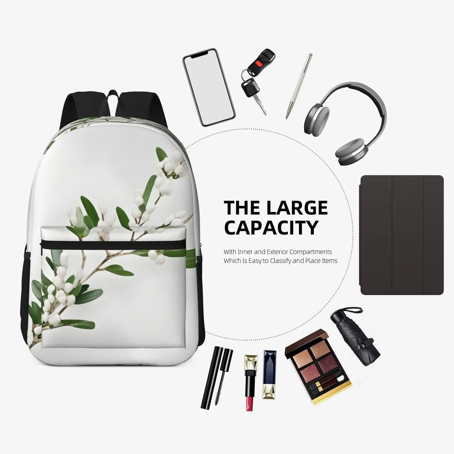 White Wild Green Twig Travel Laptops Backpack For Women Men,Casual Work Bag 17inch Backpacks For Hiking Business