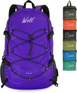 WOLT 40L Packable Travel Backpack, Foldable Lightweight Backpack for Men Women,Waterproof Hiking Bag for Outdoor Camping (Purple)